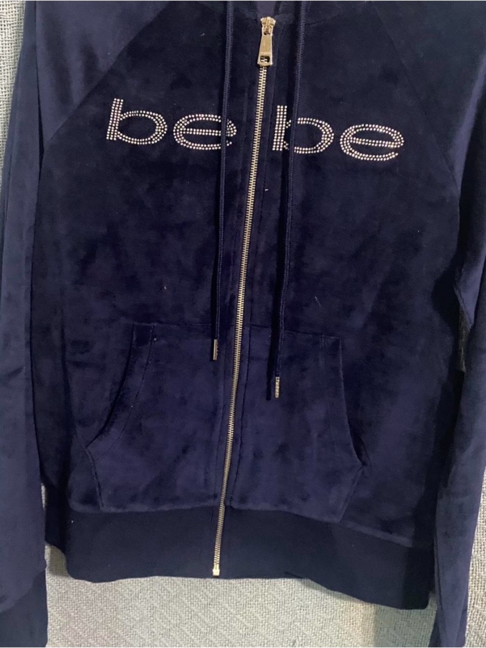 bebe Navy Velour Zip Hoodie with Gold Hardware
